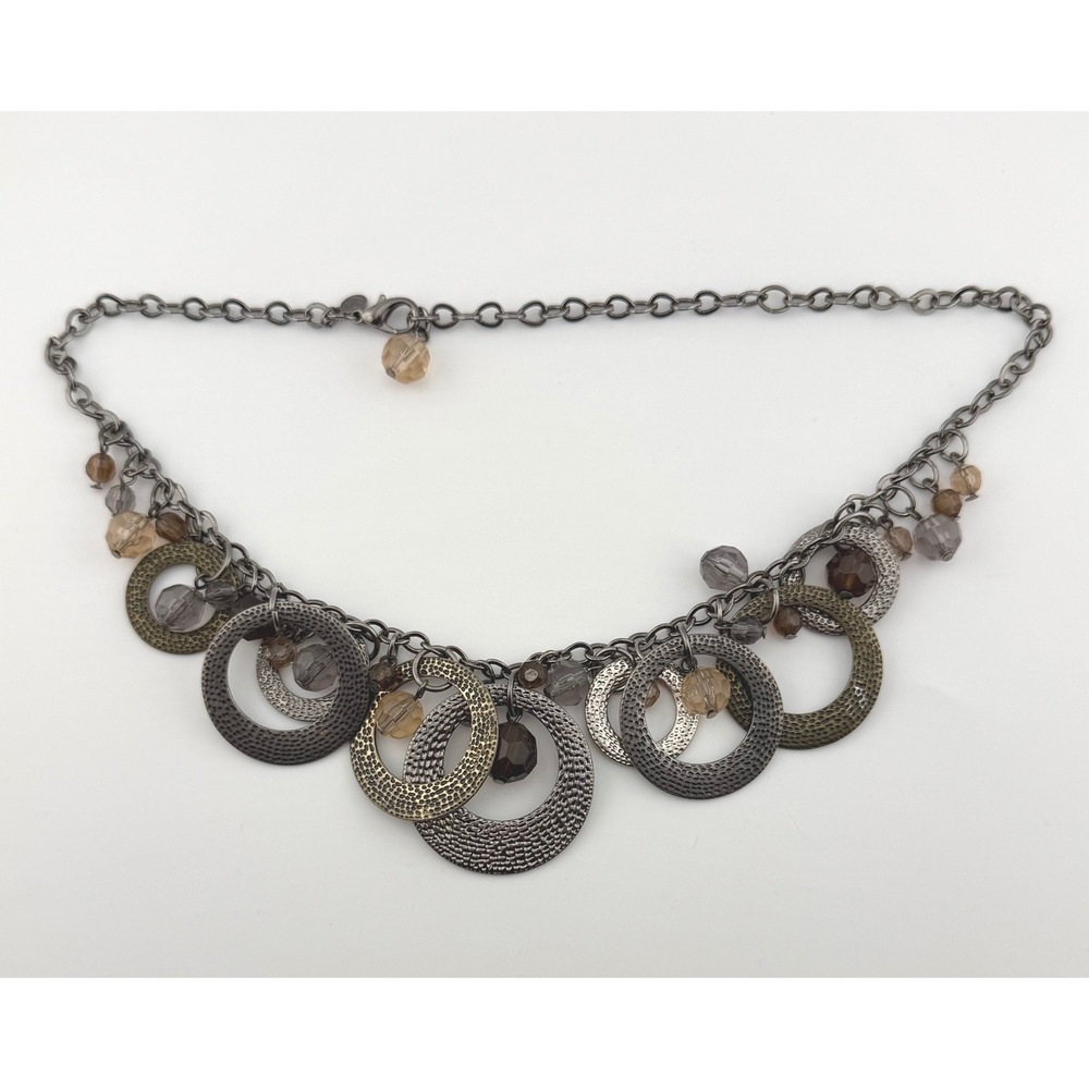 Premier Designs Bib Statement Necklace 18" Gunmetal Bronze Beaded Hammered Rings